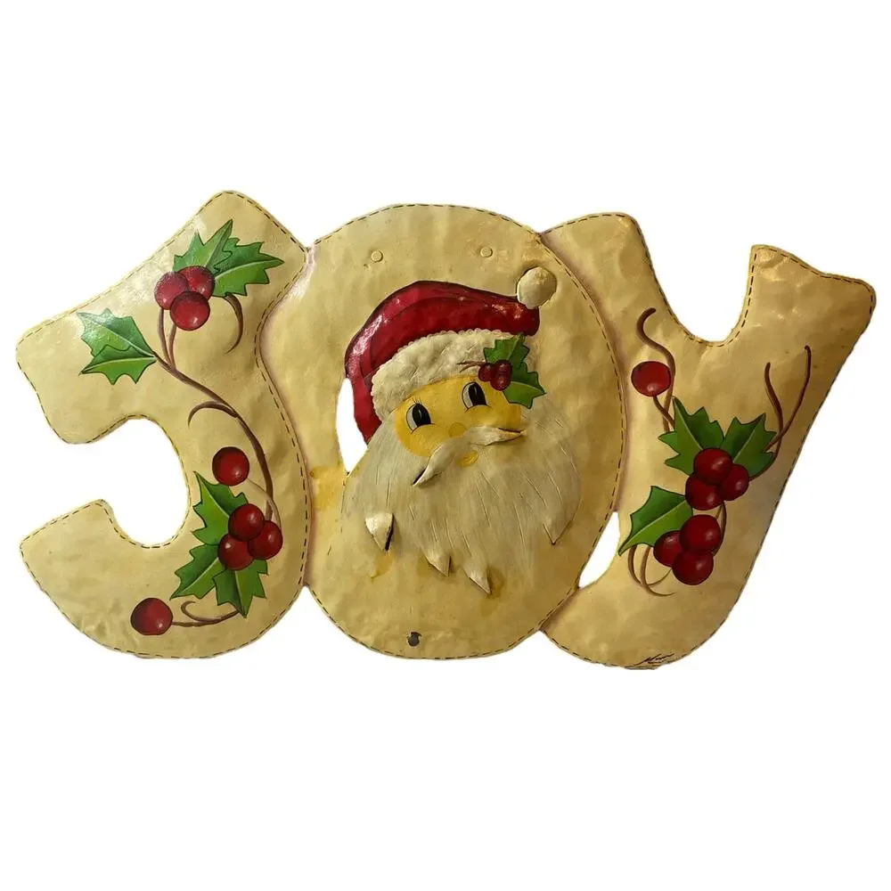 Vintage Christmas Cutout Metal Wall Art Decoration Joy Sign with Santa Face